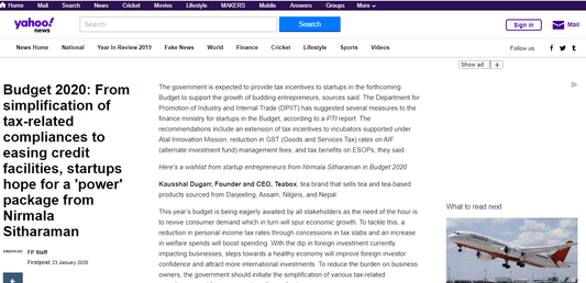 Yahoo News - Budget 2020: From simplification of tax-related compliances to easing credit facilities, startups hope for a 'power' package from Nirmala Sitharaman - Aadvik Foods