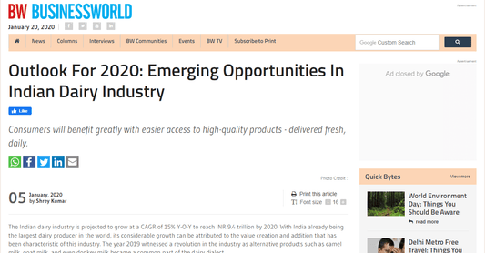 Business World-Outlook For 2020: Emerging Opportunities In Indian Dairy Industry - Aadvik Foods