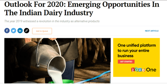 Entrepreneur India - Outlook For 2020: Emerging Opportunities In The Indian Dairy Industry: - Aadvik Foods