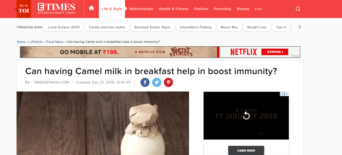 E-Times- Can having Camel milk in breakfast help in boost immunity? - Aadvik Foods